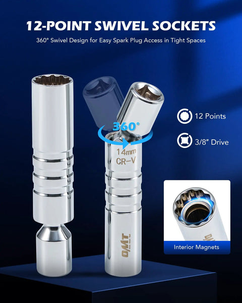 Three Eighths Inch Drive Spark Plug Socket Set With 72 Tooth Click Torque Wrench Magnetic Swivel Sockets Universal Joint And Extension Bar CRV Steel Magnetic Spark Plug Socket Kit For Easy Engine Maintenance 12-point swivel sockets close-up