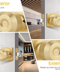 Brass door knobs for interior and exterior shown from different angles in a modern home setting.