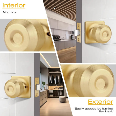 Brass door knobs for interior and exterior shown from different angles in a modern home setting.