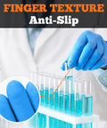 Person wearing Heavy Duty Nitrile Exam Gloves 6 Mil Blue Disposable Latex Free Powder Free With Textured Grip handling test tubes.