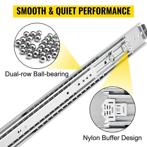 Close-up of Heavy Duty Drawer Slides 18 To 60 Inch Adjustable Full Extension with ball bearing and nylon buffer design.