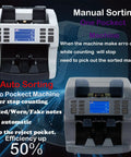 Bank Grade Money Counter And Sorter With Built In Printer Two Pocket Design For Mixed Denominations displayed with features