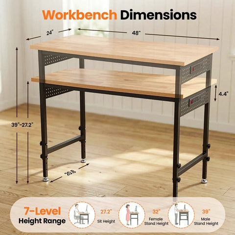 Beefy 48 Inch Adjustable Heavy Duty Workbench With 2000 Lbs Load Capacity, dimensions overview in a room setting.