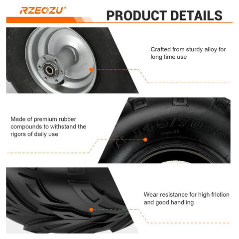 145/70-6 Mini Bike Tire With 6 Inch Rear Rim Assembly Kit showing alloy rim, tire tread, and rubber durability features