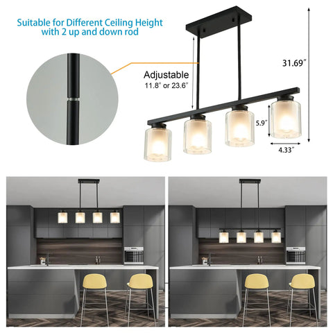 4 Light Pendant Light With Industrial Style For Kitchen Island, Double Glass Shades over modern kitchen, measurements shown