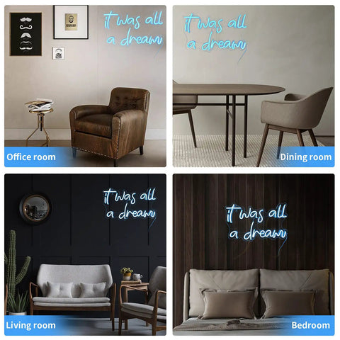 Blue USB Neon Sign for Wall Decor It Was All a Dream LED Neon Light in various rooms, showcasing retro vibe and warm ambience