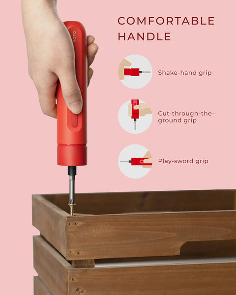 Person using Ultra Handy Cordless Electric Screwdriver With 3.6V USB Rechargeable Battery on wooden box with grip styles shown.