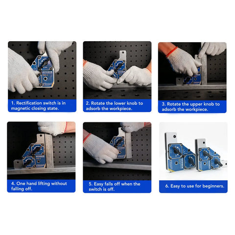 Two blue welding magnets with on/off switch for 90-degree fixtures; metal bases, 2-piece tool set.