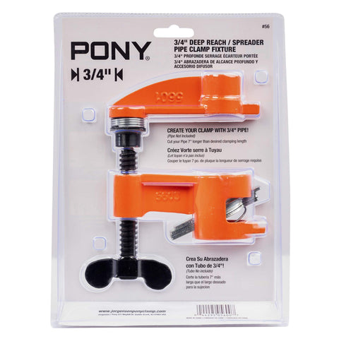 Pro Grade Deep Reach Clamp And Spreader Fixture For Three Quarters Inch Pipe with packaging, 2.5 inch reach, reversible head.