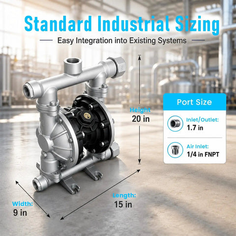 1.5 Inch Air Operated Double Diaphragm Pump With Aluminum Alloy Housing, Oil Free Pneumatic Transfer Pump, Dry Run Safe, Built Tough AODD Pump For Industrial Fluids And Chemical Handling, shown with size dimensions