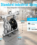Air Powered Double Diaphragm Pump For Waste Oil Transfer, 30 GPM At Up To 125 PSI, Half Inch Inlet And Outlet, Aluminum Alloy, Heavy Duty, Corrosion-Resistant, Dry-Run Safe Pneumatic Transfer Pump, 1.7 in port size