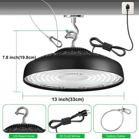 2 Pack 400W UFO LED High Bay Lights With Beastly Bright 60,000 Lumens 5000K Daylight installed with US steel hook and safety cable
