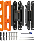 Heavy Duty Hidden Door Hinges With Mold Pack Of Two Slick Concealed Pivot Hardware For Secret Bookcase And Cabinetry Doors featuring orange template, screws, and tools.