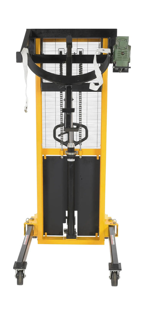 Heavy Duty Steel Drum Lifter Rotator Transporter Rugged 550 Lb Capacity For 55 Gallon Barrels shown from front with black and yellow finish.