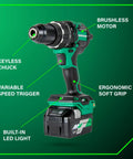 36V Cordless Brushless Hammer Drill Kit With Half Inch Chuck, Beast Power For Tough Jobs, detailed features labeled