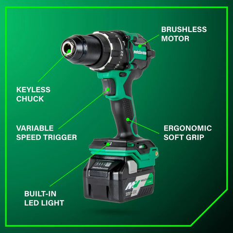 36V Cordless Brushless Hammer Drill Kit With Half Inch Chuck, Beast Power For Tough Jobs, detailed features labeled