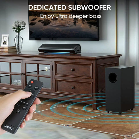 Home setup featuring 2.1 Channel Sound Bar With Subwoofer For TV And PC Gaming Kickin Bass For Movie Night Deep Bass Home Theater System