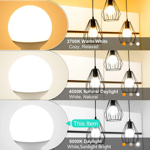 Comparison of 2700K warm white, 4000K natural daylight, and 5000K daylight lighting with G25 Globe LED Vanity Bulbs 8 Pack