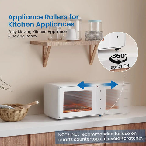 Heavy Duty Self Adhesive Caster Wheels And Appliance Rollers For Kitchen Countertop Sliding With 360 Degree Swivel Making Coffee Makers Glide Like A Champ No Sweat Installation Black Set Of 8 For Total Breeze Moving on a countertop under an appliance.
