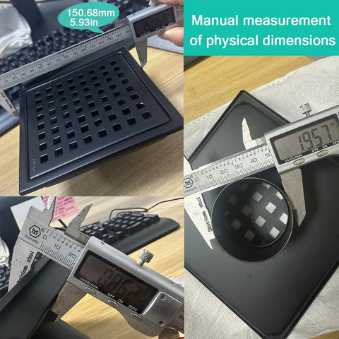 Close-up measurement of six inch square floor drain in sleek matte black with SS304 grid and high flow outlet setup.