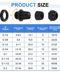 Set Of 5 Nylon Cable Glands 3 To 6.5mm Waterproof Cord Grips With Gaskets And Locknuts For Junction Box Black product size chart