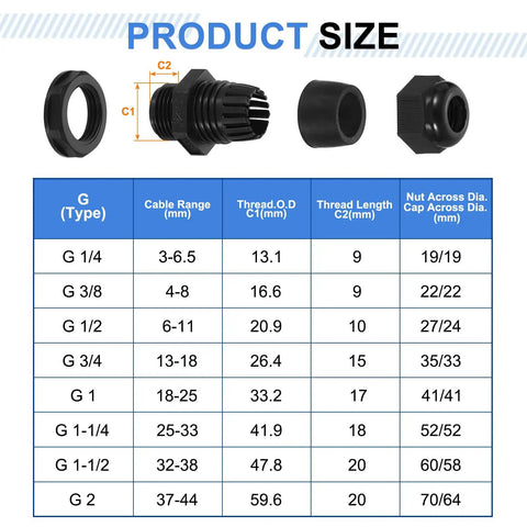 Set Of 5 Nylon Cable Glands 3 To 6.5mm Waterproof Cord Grips With Gaskets And Locknuts For Junction Box Black product size chart