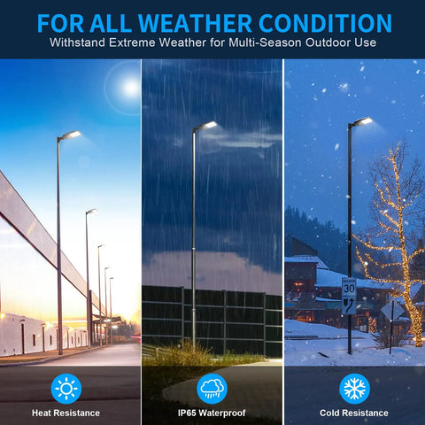 200W LED Parking Lot Light With 28,000LM Dusk To Dawn Photocell, IP65 Waterproof, shown in various weather conditions