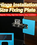 Hinge Jig Kit For Quick Door Install And Precise Hinge Cutting Magnetic Back Guide For Door Jamb Drawer And Cabinet Woodworking Exterior DIY Tool Set 4 Piece showing magnetic fixing on hinge.