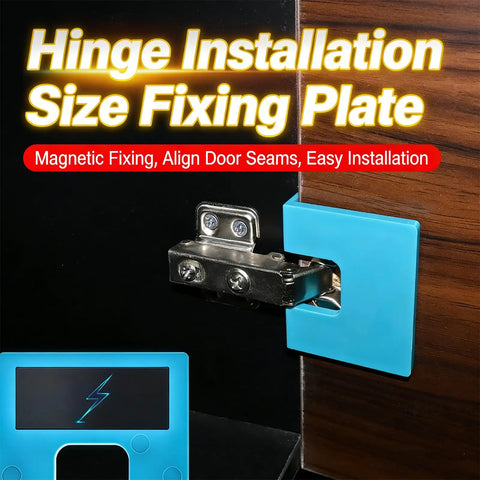 Hinge Jig Kit For Quick Door Install And Precise Hinge Cutting Magnetic Back Guide For Door Jamb Drawer And Cabinet Woodworking Exterior DIY Tool Set 4 Piece showing magnetic fixing on hinge.