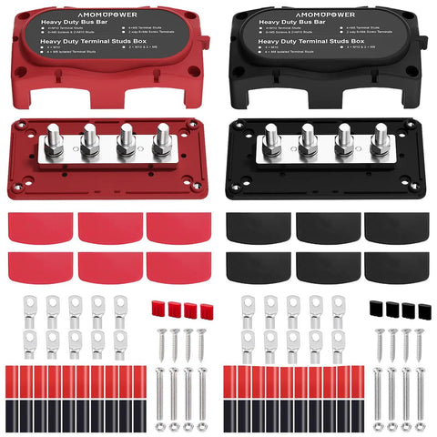 Two Pack 300 Amp Battery Bus Bar For 12-48V DC Systems, Heavy Duty Copper Power Distribution Block With Four M8 Terminals, Eight Screws, Waterproof Cover, Ideal For Automotive RV Marine Truck, red and black