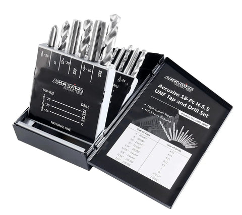 18 Piece HSS UNF Tap And Drill Set With Fully Ground Taps And Drills For Precision Threading Includes UNF Sizes Six Forty UNF To One Half Twenty UNF And Drill Bits Thirty Three Twenty Nine Twenty Five Twenty One I Q