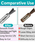 Comparative images showing Two Pack 43776PC 7 Deg 17/32 Inch Carbide Tipped Dovetail Router Bits Before and After Use