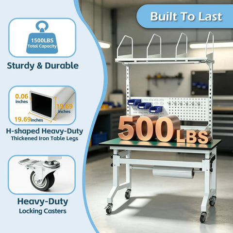 Solid Ecommerce Packing Table And Mobile Shipping Station With Built In Power And Led Lights, Ergonomic Standing Workbench Featuring Esd Safe Surface, Tape Dispenser, Storage Shelves, Built Tough Frame, Smooth Rolling Wheels, 1400 Lb Capacity, featuring heavy-duty iron legs and locking casters.