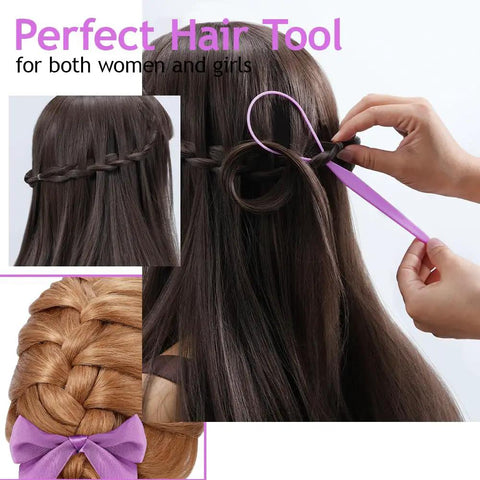 Hair Loop Tool Set With Pink Rat Tail Comb For French Braid Styling, Daily Braiding Kit For Mornings, School, Work Or Dance Practice, Replaces Fingers For Quick Slick Everyday Looks. Pink hair loop tool set with rat tail comb braiding dark hair