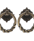 Pair of 6pc Antique Bronze Cabinet Pull Handles Set, Vintage Cupboard Drawer Knobs with floral backplates, Retro Style Hardware viewed front.