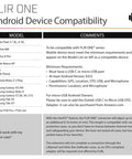 List of compatible Android devices for FLIR ONE thermal imaging camera and USB specifications for connection.