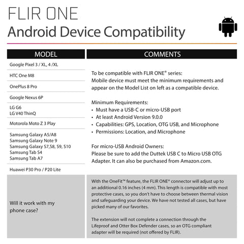 List of compatible Android devices for FLIR ONE thermal imaging camera and USB specifications for connection.