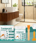 Killer Clear Roof Sealant And Heavy Duty Waterproof Adhesive That Slaps Down A Tight Leak Barrier On Tile Grout Concrete Patios And Basements All Season Long in bathroom next to tools.