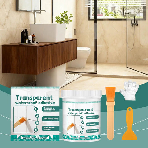 Killer Clear Roof Sealant And Heavy Duty Waterproof Adhesive That Slaps Down A Tight Leak Barrier On Tile Grout Concrete Patios And Basements All Season Long in bathroom next to tools.