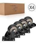 Built Tough As Nails Heavy Duty 3 Inch Polyurethane Swivel Caster Wheels With Safety Brakes Set Of 4 arranged in front of packaging.