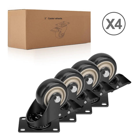 Built Tough As Nails Heavy Duty 3 Inch Polyurethane Swivel Caster Wheels With Safety Brakes Set Of 4 arranged in front of packaging.