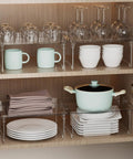 Heavy Duty 2 Pack Stackable Kitchen Counter Spice Rack And Cabinet Organizer Shelf Featuring Clear Plastic Base With Sturdy Stainless Steel Supports For Pantry Bathroom Vanity Organization That Truly Slaps inside a cabinet with plates and glasses.