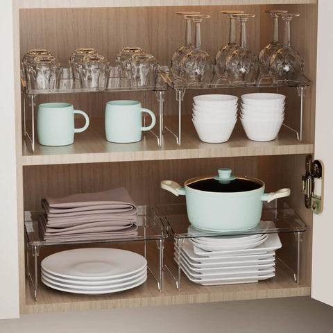 Heavy Duty 2 Pack Stackable Kitchen Counter Spice Rack And Cabinet Organizer Shelf Featuring Clear Plastic Base With Sturdy Stainless Steel Supports For Pantry Bathroom Vanity Organization That Truly Slaps inside a cabinet with plates and glasses.