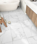 Peel And Stick Floor Tiles For Bathrooms Diy Friendly Waterproof Vinyl Marble Look 12x12 Inches 20 Self Adhesive Tiles Thick 1.6mm No Mess Easy Install White Marble Style Durable Floor Upgrade installed in bathroom.