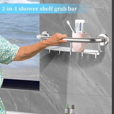 18 Inch Shower Grab Bar With Storage Shelf Brushed Nickel Stainless Steel Handicap Safety Rail held by hand, showing storage shelf.