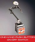 Magnetic Base Only With Three Precision Ground Magnetic Surfaces For Rock Solid Measuring Setup, dimensions 1 15/16" x 1 5/8" x 1 7/8", push button on off, shown with dial gauge attachment.