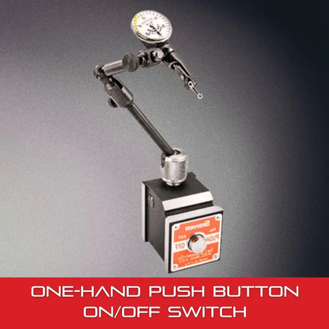 Magnetic Base Only With Three Precision Ground Magnetic Surfaces For Rock Solid Measuring Setup, dimensions 1 15/16" x 1 5/8" x 1 7/8", push button on off, shown with dial gauge attachment.