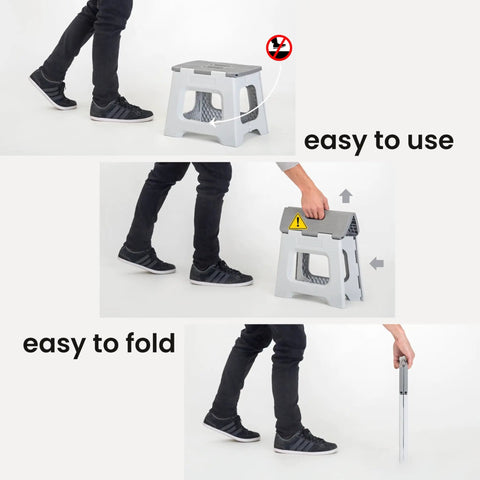 Compact Foldable Step Stool for Adults Up to 330 Pounds, Lightweight Non Slip Gray Stool, shown folded and easy to use.