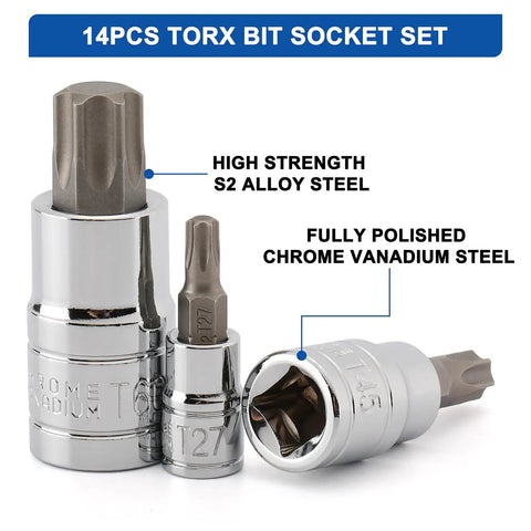 14 Piece Torx Bit Socket Set With One Quarter Inch Drive Three Eighths Inch Drive And One Half Inch Drive S2 Alloy Steel Torx Bits And CRV Sockets Durable Rust Resistant For Garage Mechanic DIY Projects, showing S2 alloy steel and CRV sockets.