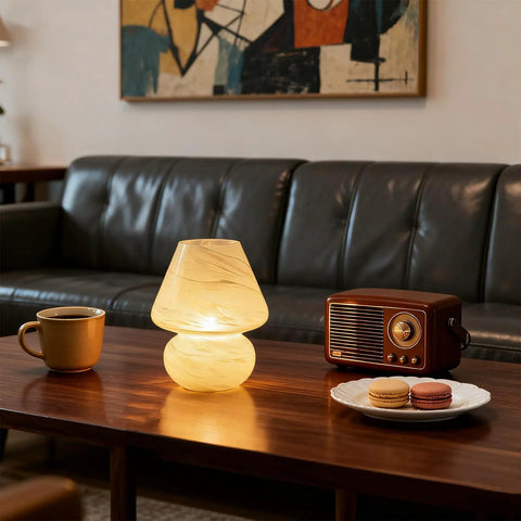 Cordless Mushroom Lamp With Battery Power And Timer, Portable Table Light With Warm White LED Bulb, Vintage Nebula Design on table